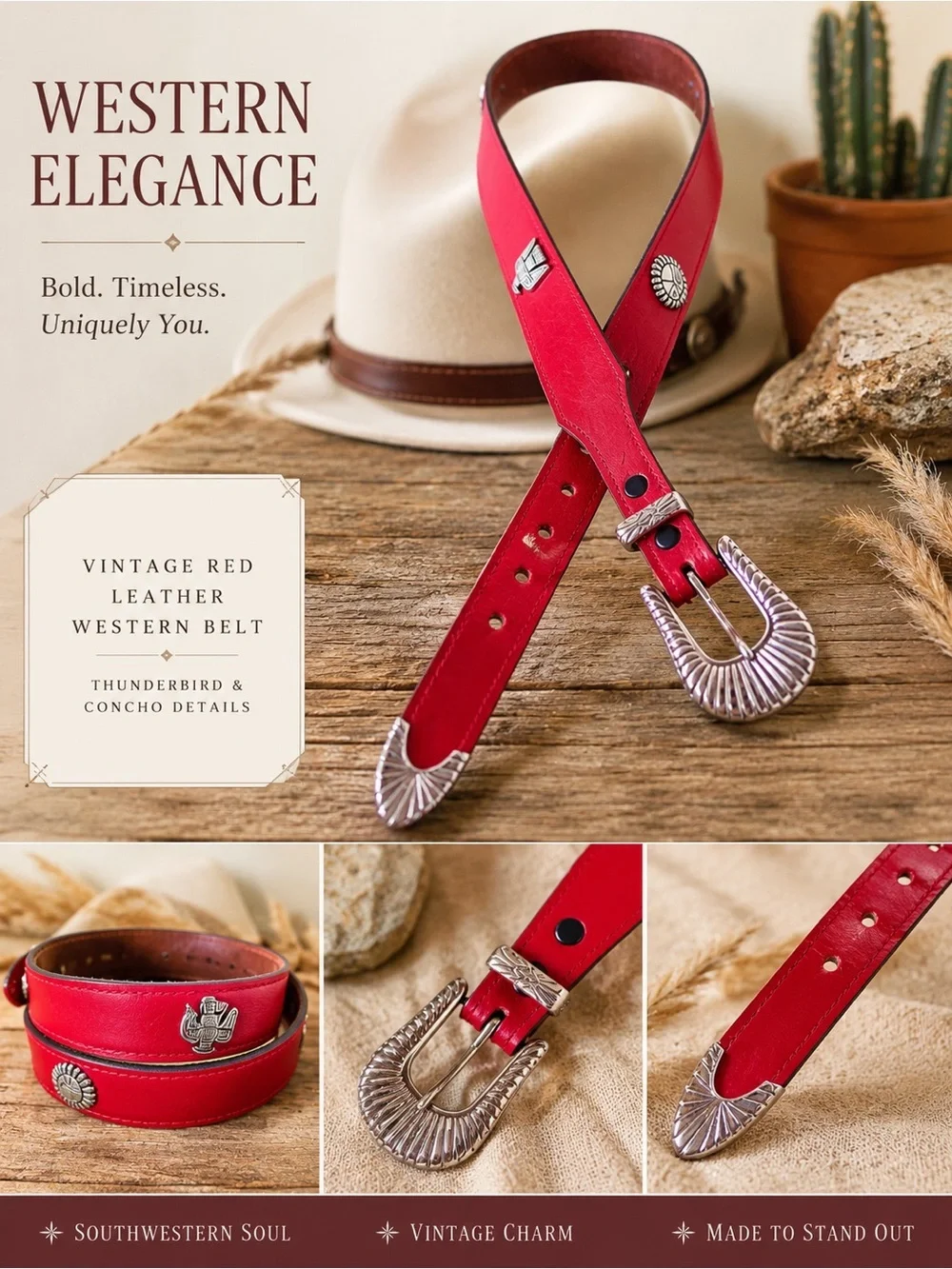 VTG Red Leather Western Belt Thunderbird Turtle Conchos Silver Tone Buckle M36